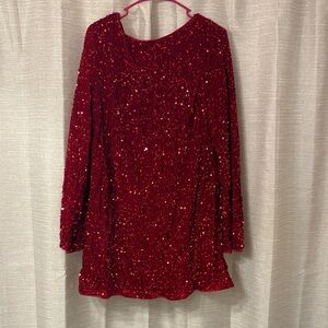 Red Sequin velvet Long Sleeve Mini Dress